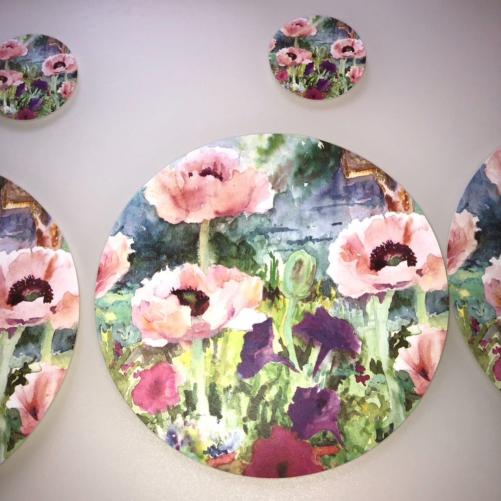 Keller Charles Round Place mats & coasters Set Pastel Poppies Made in Italy 🇮🇹